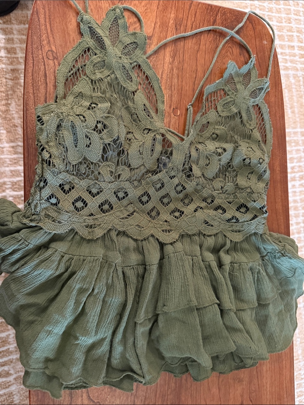 Free People Olive Green Crochet Lace Ruffle Cami